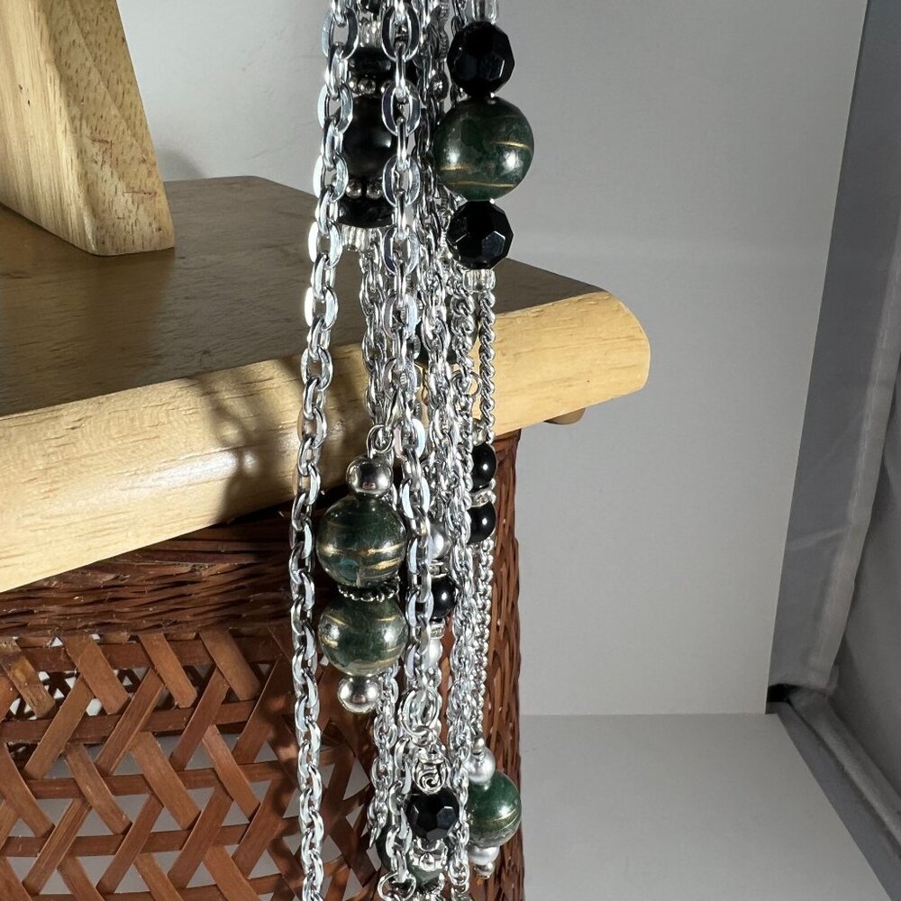Elegant Silver Chain Tassel Keychain With Black & Green Beads Lobster Clasp Mult - Picture 4 of 5